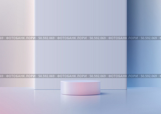 minimalist 3d pink cylindrical podium on a reflective surface, framed by pastel blue and pink panels, modern product displays, mockups, and creative presentations in a clean, elegant style. Стоковая иллюстрация, агентство Ingram Publishing / Фотобанк Лори