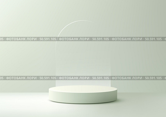 minimalist 3d scene a soft green cylindrical podium with an arched glass accent against a pastel background perfect for product mockups branding clean modern aesthetic stylish showcase. Стоковая иллюстрация, агентство Ingram Publishing / Фотобанк Лори