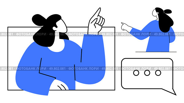 Minimalist drawing of a person wearing blue, pointing upwards and to the side, accompanied by a speech bubble with three dots. Ideal for communication, discussion, dialogue, interaction, education. Person Gesturing and Speech Bubble Illustration for Communication and Discussion Themes. Стоковая иллюстрация, агентство Ingram Publishing / Фотобанк Лори