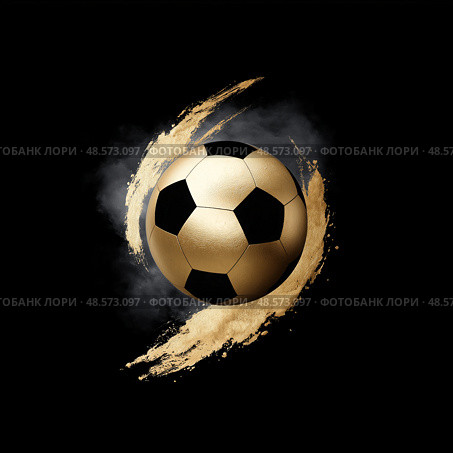 Minimalist Gold Soccer Ball Silhouette on Black Background, Elegant Sport Logo Concept. Минималистский золотой футбольный мяч силуэт на черном фоне, элегантный спортивный логотип. Стоковое AI-изображение, AI-художник Katsiaryna Repich / Фотобанк Лори