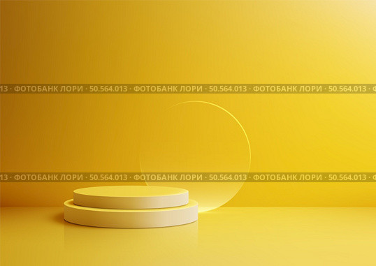 Minimalist Podium Mockup with Yellow Background and Translucent Circle, Ideal for Product Display, Showroom, and Graphic Design Presentations. Стоковая иллюстрация, агентство Ingram Publishing / Фотобанк Лори