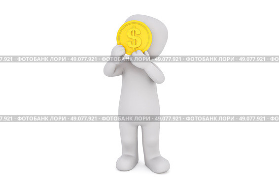 Minimalist white 3d person hiding face behind big golden coin, creative finance concept, profit, wealth, anonymity, financial success, business, economy, saving. Стоковое AI-изображение, AI-художник Павел Муравьев / Фотобанк Лори