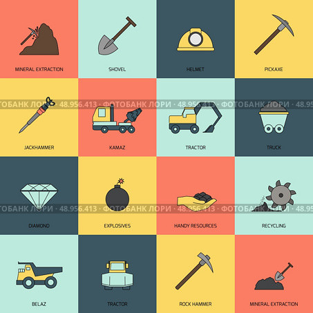 Mining and mineral extraction flat icons line isolated vector illustration. Стоковая иллюстрация, агентство Ingram Publishing / Фотобанк Лори