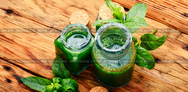 Mint essential oil in a glass bottle.Healing plants.Natural herbal cosmetics. Essential mint oil with green leaves. Essential mint oil with green leaves. Стоковое фото, агентство Ingram Publishing / Фотобанк Лори