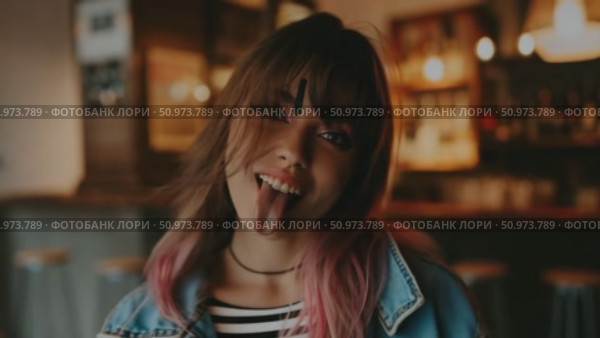 Mischievous portrait of a youthful individual with vibrant pink hair and an inverted cross mark, playfully sticking out a tongue in a warm lit setting. Стоковое AI-видео, аниматор Данила Большаков / Фотобанк Лори