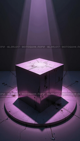 Мистическая 3D-иллюстрация зеркального куба. Куб отражает окружающее пространство, создавая эффект глубины и таинственности. Из куба исходит лёгкий фиолетовый дым, придающий мистическую атмосферу. Стоковое AI-изображение, AI-художник Ирина Першина / Фотобанк Лори
