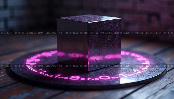 Мистическая 3D-иллюстрация зеркального куба. Куб отражает окружающее пространство, создавая эффект глубины и таинственности. Из куба исходит лёгкий фиолетовый дым, придающий мистическую атмосферу. Стоковое AI-изображение, AI-художник Ирина Першина / Фотобанк Лори