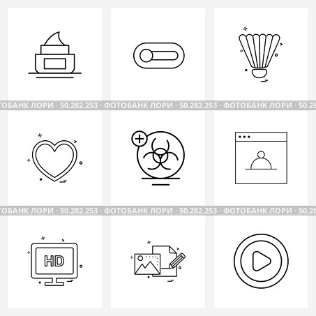 Mobile UI Line Icon Set of 9 Modern Pictograms of biohazard, romance, activity, love, heart Vector Illustration. Стоковая иллюстрация, агентство Ingram Publishing / Фотобанк Лори