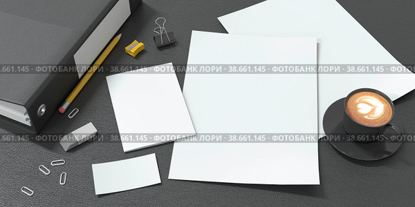 Mockup двух листовок, визитных карточек и брошюр формата а5 на черном кожаном фоне с чашкой кофе. Для презентаций и портфолио графических дизайнеров. Стоковая иллюстрация, иллюстратор Юлия Мелешина / Фотобанк Лори