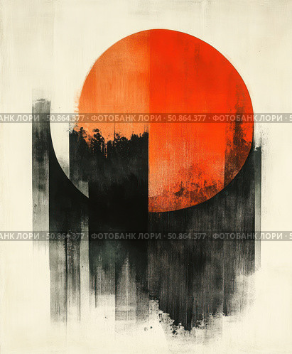 Modern abstract composition with a bright red-orange circle on a background of monochrome vertical brushstrokes. The contrast of warm and cold, hard geometry and soft texture creates a tense but balanced visual structure. The work is executed in a minimalist and expressionist style, suitable for interior design, galleries, design projects, covers and digital content. Стоковое AI-изображение, AI-художник Анна Кривицкая / Фотобанк Лори