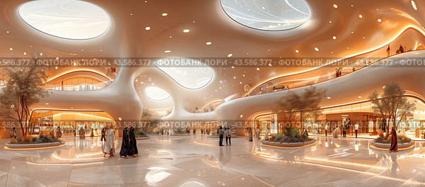 Modern Architecture Interior With Ovals And Skylights In A Large Shopping Mall. Стоковое AI-изображение, AI-художник Сергей Толмачёв / Фотобанк Лори