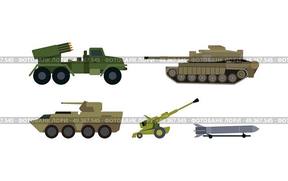 Modern armament types icons. Reactive artillery base mount on truck, tank, armored personnel carrier, howitzer cannon, ballistic missile flat vector illustrations isolated on white. Military machinery. Types of Modern Armament Flat Vector Set. Types of Modern Armament Flat Vector Set. Стоковая иллюстрация, агентство Ingram Publishing / Фотобанк Лори