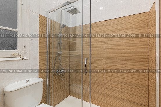 Modern bathroom with a glass shower enclosure and wooden wall panels. White toilet and tiled floor are visible. Bright lighting enhances the clean design. Стоковое фото, фотограф PAv / Фотобанк Лори