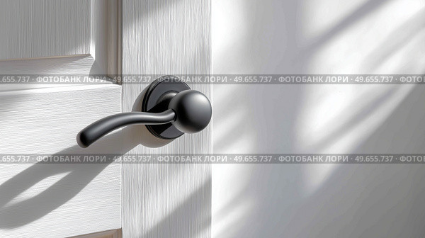 Modern door handle with shadow play in a bright interior space. Современная дверная ручка с игрой теней в светлом интерьере. Стоковое AI-изображение, AI-художник Katsiaryna Repich / Фотобанк Лори