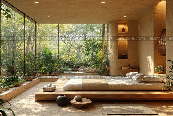 Modern eco-style bedroom interior with panoramic windows overlooking the green garden. The room is decorated in natural beige and sand shades, using wood, live plants and soft diffused light. A low bed with minimalist textiles, ceramic and wooden accessories, a cozy atmosphere and harmony with nature create an ideal space for rest and recovery. Ideal for themes of conscious living, eco-design, architecture, hotels, spa, meditation and Zen philosophy. Стоковое AI-изображение, AI-художник Анна Кривицкая / Фотобанк Лори