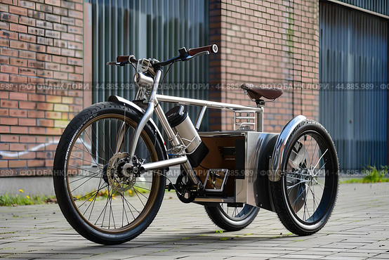 Modern electric cargo tricycle parked on city street. Стоковое AI-изображение, AI-художник Иван Рябоконь / Фотобанк Лори
