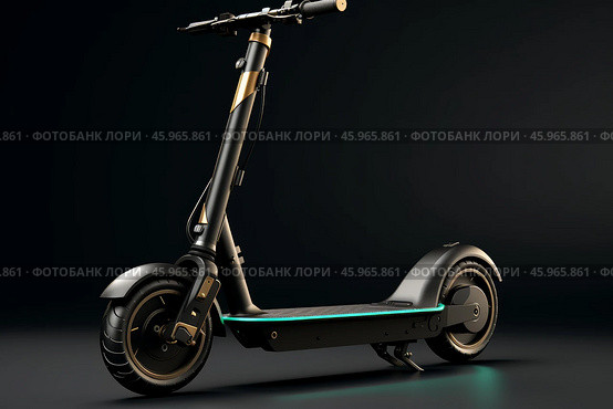 Modern electric scooter standing out against a dark background. Стоковое AI-изображение, AI-художник Иван Рябоконь / Фотобанк Лори