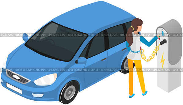 Modern electric smart car charging, automobile parking at charger station with plug in cable. Electrified future transportation e-motion. Environmentally friendly transport, battery electric sedan. Modern electric smart car charging, automobile parking at charger station with plug in cable. Стоковая иллюстрация, агентство Ingram Publishing / Фотобанк Лори