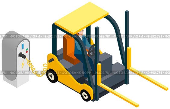Modern electric smart car charging parking at charger station with plug in cable. Electrified future transportation e-motion. Environmentally friendly transport lift truck, battery electric jitney. Modern electric smart car forklift truck charging parking at charger station with plug in cable. Стоковая иллюстрация, агентство Ingram Publishing / Фотобанк Лори