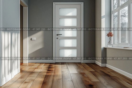 Modern entryway with sleek design and natural lighting in a home. Современная прихожая с элегантным дизайном и естественным освещением в доме. Стоковое AI-изображение, AI-художник Katsiaryna Repich / Фотобанк Лори