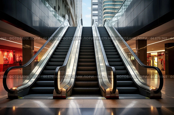 Modern escalators in a sleek shopping mall interior. Стоковое AI-изображение, AI-художник Иван Рябоконь / Фотобанк Лори
