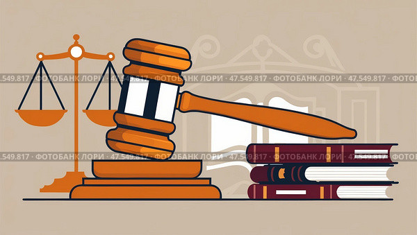 Modern flat style judges gavel with scales of justice and law books. Стоковое AI-изображение, AI-художник Андрей Бакусов / Фотобанк Лори