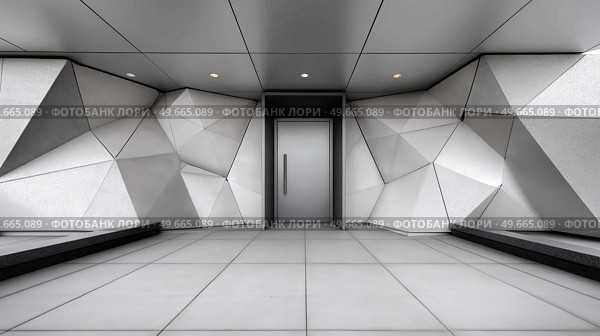 Modern geometric architecture invites exploration at an urban entrance. Современная геометрическая архитектура приглашает к исследованию городского входа. Стоковое AI-изображение, AI-художник Katsiaryna Repich / Фотобанк Лори