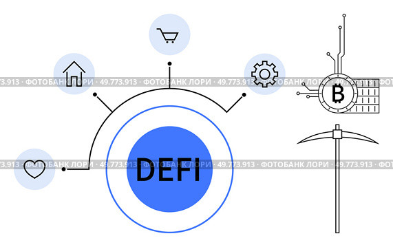 Modern graphic with DeFi at the center, connected to icons of home, shopping, gear, and heart. Includes Bitcoin mining symbol with pickaxe. Ideal for blockchain, cryptocurrency, finance, technology. Decentralized Finance Concepts with Blockchain and Cryptocurrency Technology. Стоковая иллюстрация, агентство Ingram Publishing / Фотобанк Лори