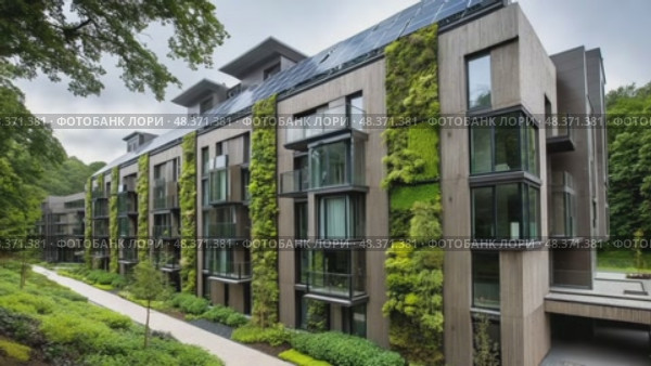 Modern green building with vertical garden and solar panels. Стоковое AI-видео, аниматор Юрий Поздников / Фотобанк Лори