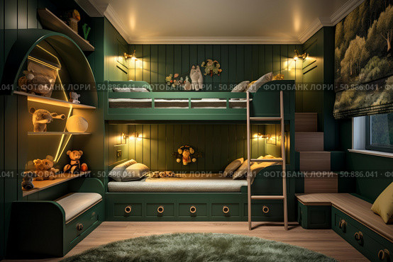 Modern green bunk beds illuminating cozy children's bedroom. Стоковое AI-изображение, AI-художник Иван Рябоконь / Фотобанк Лори