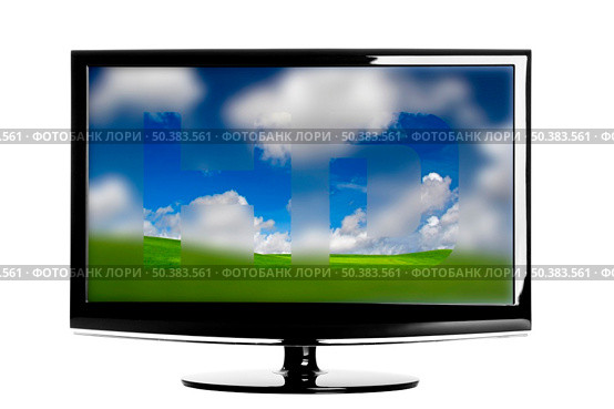 Modern HD TV showing a beautiful green landscaoe. Стоковое фото, агентство Ingram Publishing / Фотобанк Лори