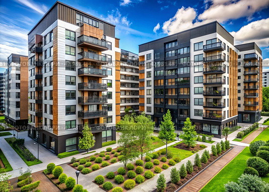 Modern high-rise residential buildings. Construction of new residential areas. New buildings. The construction business. Mortgage for new eco-friendly housing. Стоковое AI-изображение, AI-художник Photojuli / Фотобанк Лори