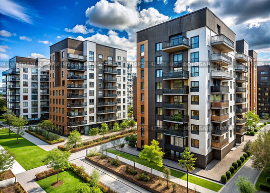 Modern high-rise residential buildings. Construction of new residential areas. New buildings. The construction business. Mortgage for new eco-friendly housing. Стоковое AI-изображение, AI-художник Photojuli / Фотобанк Лори