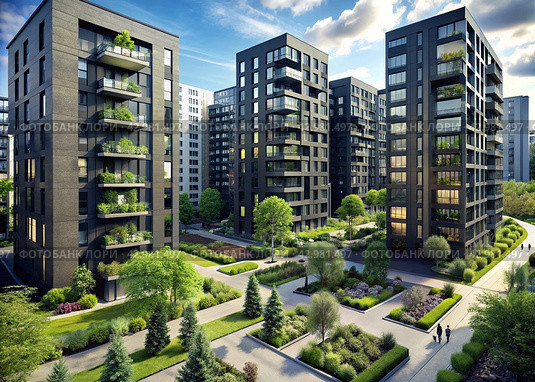Modern high-rise residential buildings. Construction of new residential areas. New buildings. The construction business. Mortgage for new eco-friendly housing. Стоковое AI-изображение, AI-художник Photojuli / Фотобанк Лори