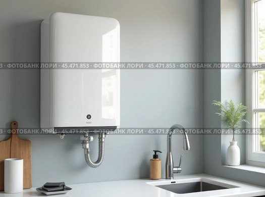 Modern home gas boiler, water heater placed in apartment. White modern home gas copper mounted on a grey wall on a kitchen. Water heater. Water heating, ecology. Стоковое AI-изображение, AI-художник Sergey Grishin / Фотобанк Лори