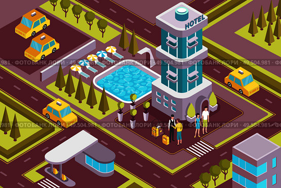 Modern hotel building exterior isometric composition with outdoor facilities parking lot arriving guests porter service vector illustration. Стоковая иллюстрация, агентство Ingram Publishing / Фотобанк Лори