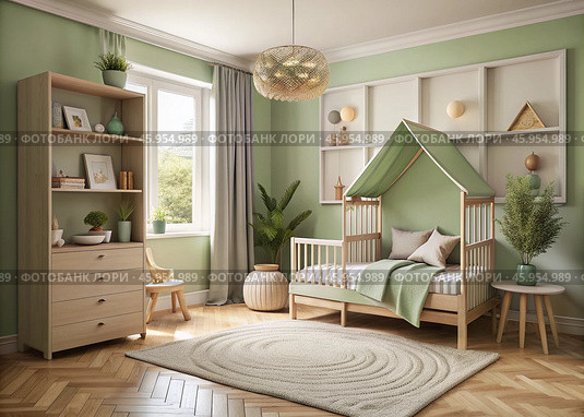 Modern interior design of a children's room with a crib, furniture, toys and personal accessories for a poster. Home decor. Pattern. Стоковое AI-изображение, AI-художник Photojuli / Фотобанк Лори