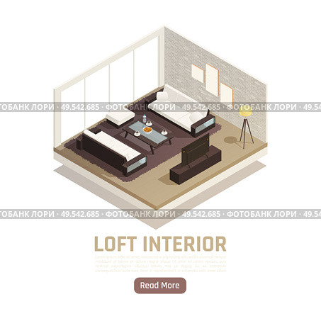 Modern loft family sitting room interior with glass window wall coffee table tv isometric view vector illustration. Стоковая иллюстрация, агентство Ingram Publishing / Фотобанк Лори