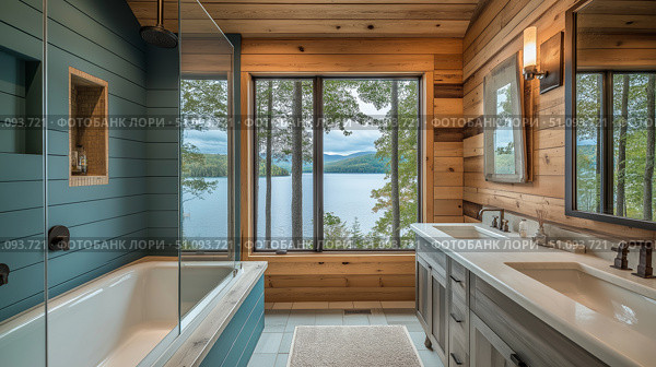 Modern luxury bathroom with picture window overlooking a tranquil lake and lush forest. Стоковое AI-изображение, AI-художник Михаил Коханчиков / Фотобанк Лори