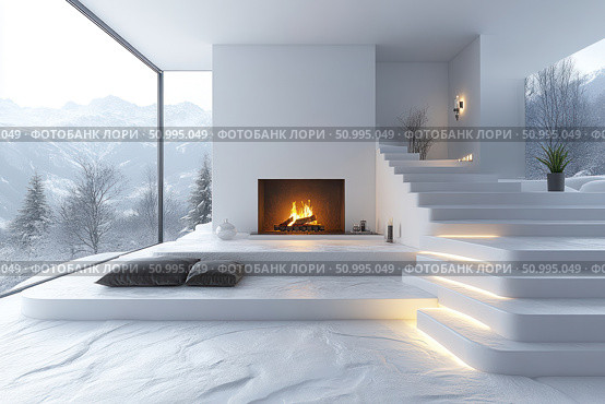 Modern minimalist interior with a fireplace against the backdrop of a snow-covered landscape outside the panoramic windows. Snow-white steps with backlighting, laconic design, a cozy seating area with pillows and a stunning view of the mountain peaks create an atmosphere of coziness, silence and merging with nature. Ideal for interior design themes, architecture, privacy, winter recreation and country house design. Стоковое AI-изображение, AI-художник Анна Кривицкая / Фотобанк Лори