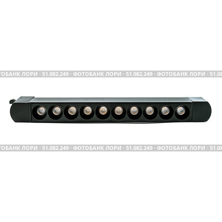 Modern multi-spot LED light bar with sleek black housing, featuring nine round bulbs, positioned diagonally on a white background. Стоковое фото, фотограф Татьяна Терехина / Фотобанк Лори