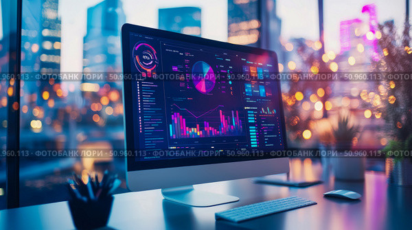 Modern Office Workspace with Monitor Displaying Business Data Analytics Dashboards Against a Blurred City Skyline at Twilight, Concept: Urban Business and Digital Connectivity for Professional Presen. Стоковое AI-изображение, AI-художник Данила Большаков / Фотобанк Лори