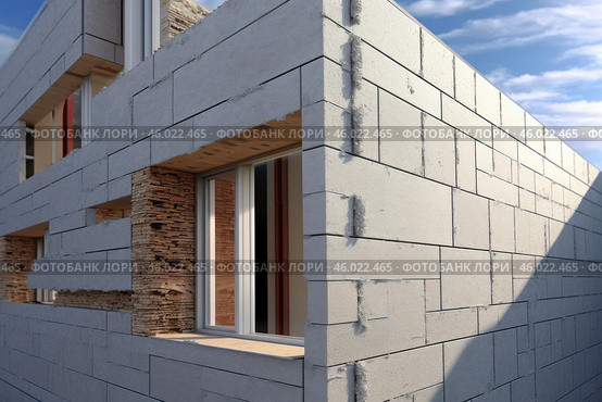 Modern prefabricated concrete house with exposed brick section under construction. Стоковое AI-изображение, AI-художник Иван Рябоконь / Фотобанк Лори