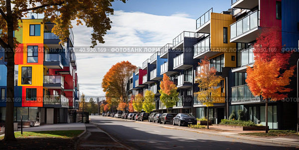 Modern residential building in multicolored colors. Generated by AI. Стоковое AI-изображение, AI-художник Ярославский Максим / Фотобанк Лори