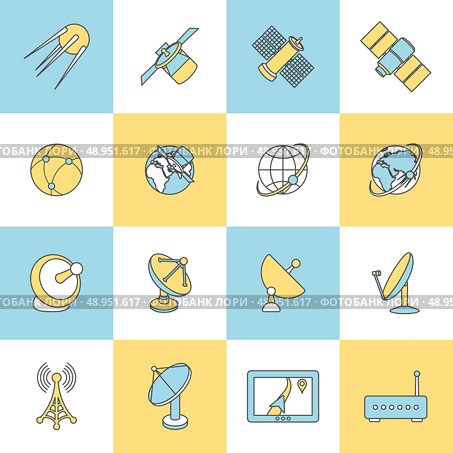 Modern satellite TV telephone internet connection digital technology flat line design dishes pictograms collection  isolated vector illustration. Стоковая иллюстрация, агентство Ingram Publishing / Фотобанк Лори