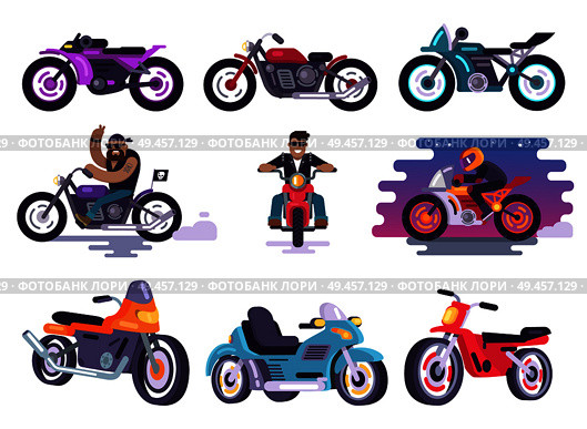 Modern sport bikes and bikers in leather jackets. Brutal strong men on extreme transport that gains high speed fast isolated vector illustrations.. Modern Sport Bikes and Bikers in Leather Jackets. Стоковая иллюстрация, агентство Ingram Publishing / Фотобанк Лори
