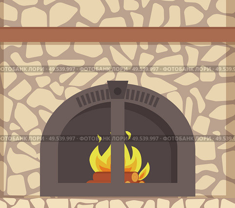 Modern stacked stone fireplace with traditional decoration and metal frame material, vector closeup. Natural, rustic mantelpiece with burning logs in fire. Modern Stacked Stone Fireplace, Traditional Decor. Стоковая иллюстрация, агентство Ingram Publishing / Фотобанк Лори