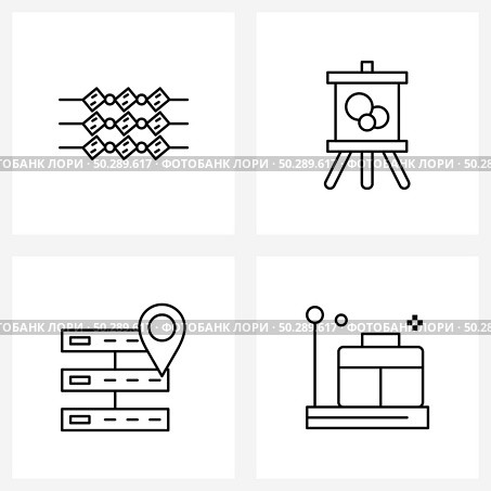 Modern Style Set of 4 line Pictograph Grid based bar b q, internet, activities, painting, map pointer Vector Illustration. Стоковая иллюстрация, агентство Ingram Publishing / Фотобанк Лори