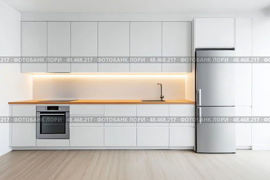 Modern trendy kitchen design with white cabinets. Subway tile backsplash, marble countertop. No brands or labels. Neutral contemporary design. Simply furniture with utensils, crockery, refrigerator. Стоковое AI-изображение, AI-художник Марина Демидюк / Фотобанк Лори