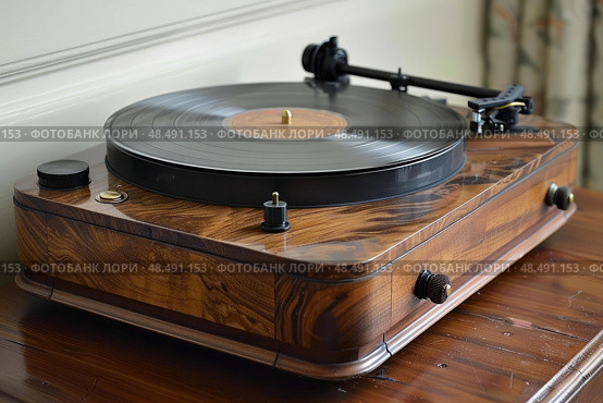 Modern turntable playing vinyl record on wooden table. Стоковое AI-изображение, AI-художник Иван Рябоконь / Фотобанк Лори